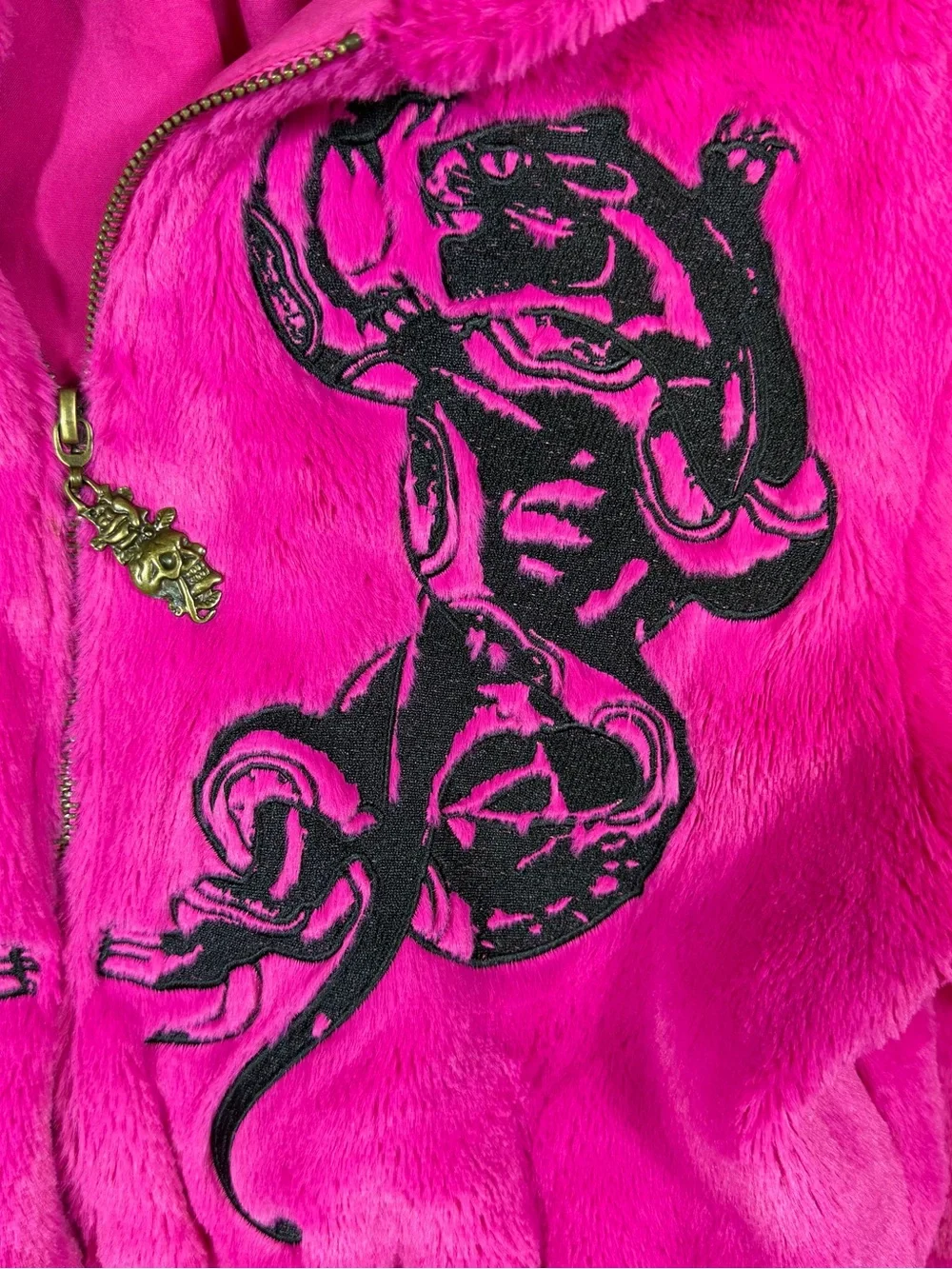 Ed Hardy Hot Pink Faux Fur Cropped Hooded Jacket with Black Panther Motif